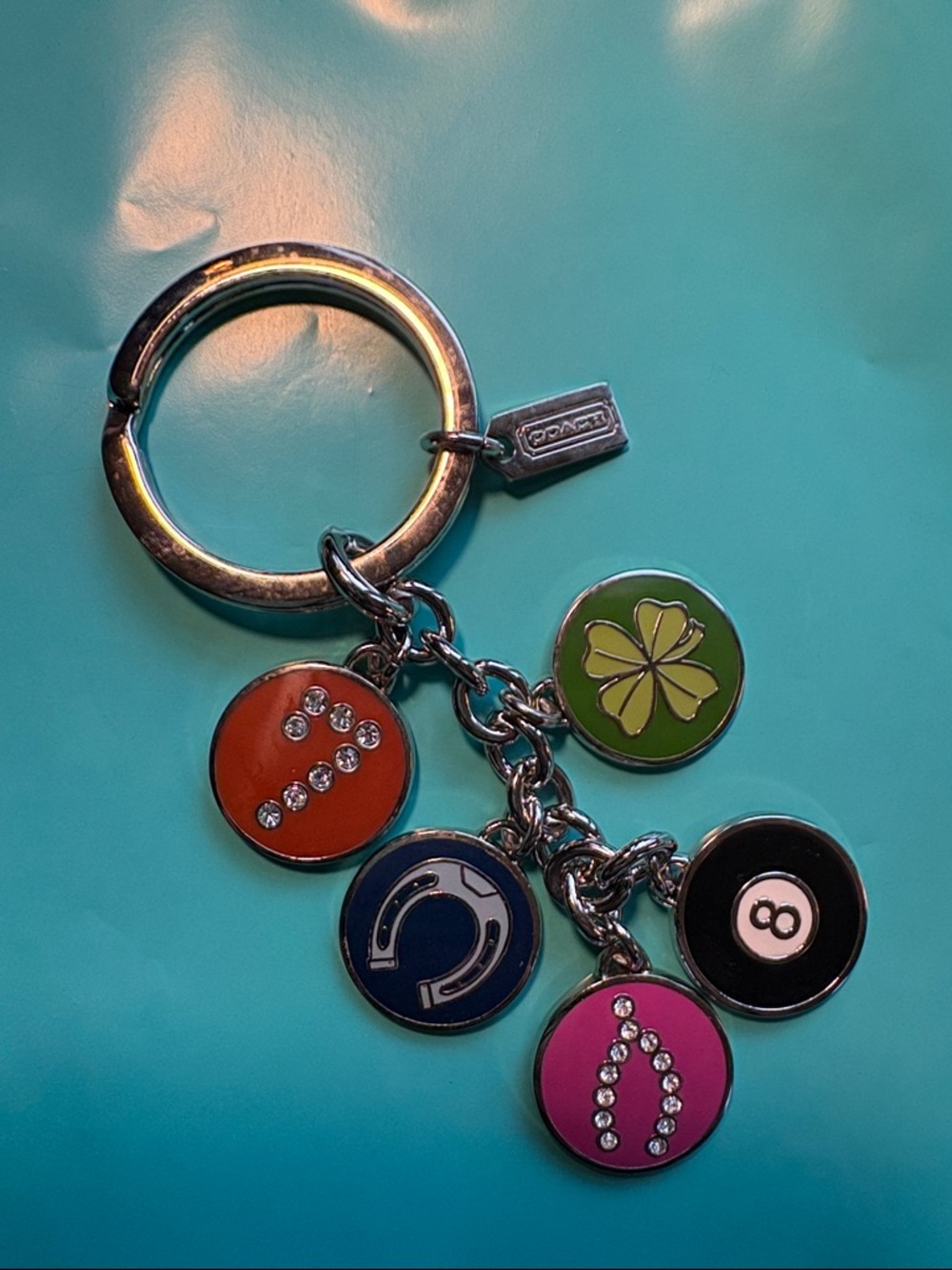 Coach Silver-Tone Key Ring with Colorful Enamel Charms